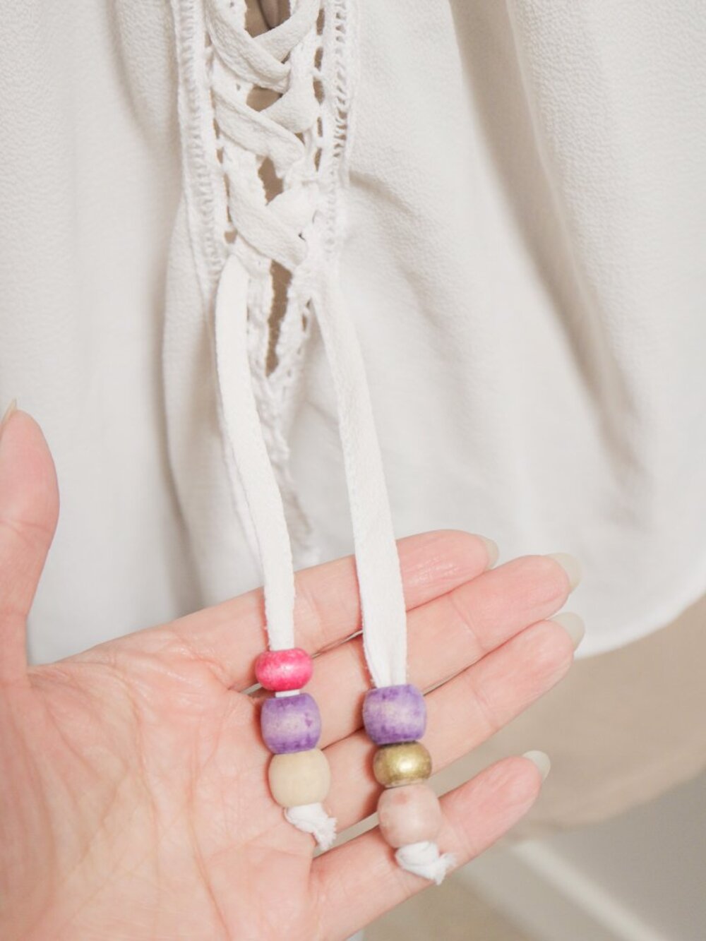 FOCUS Off-White Lace Yoke Bohemian Flowy Top w/ Lace Up Crochet Beaded Back - Picture 3 of 11